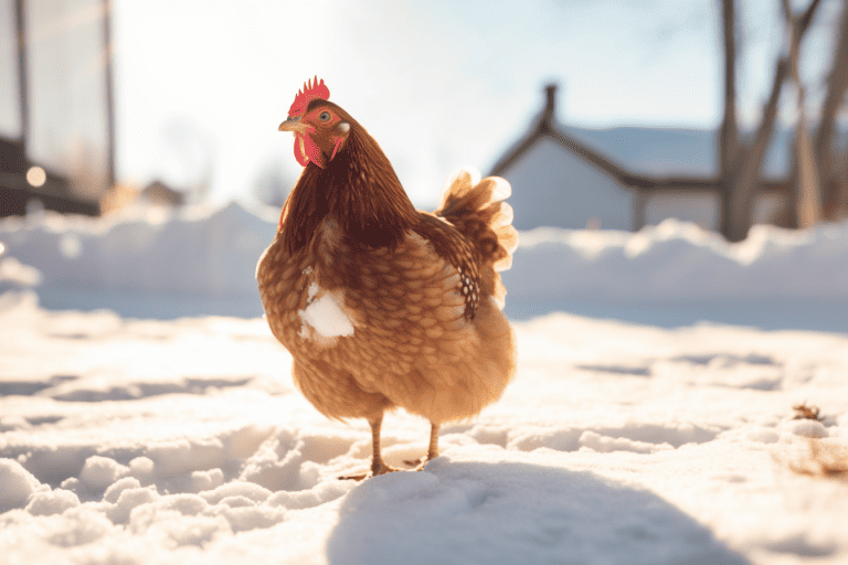 Pretty reddish brown chicken in the snow backlit by the sun with a barn in the background