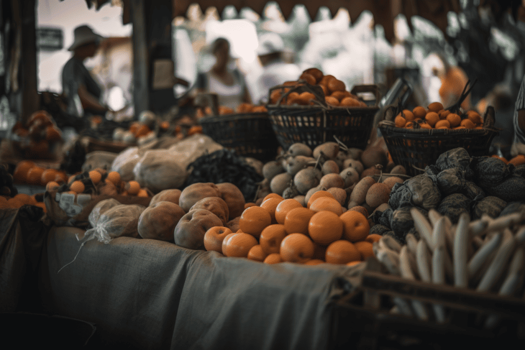 one way to make money homesteading tis to organize a farmer's market as seen in this photo. It shows potatoes, beans, tomatoes, and other produce spread out on a counter for sale. 