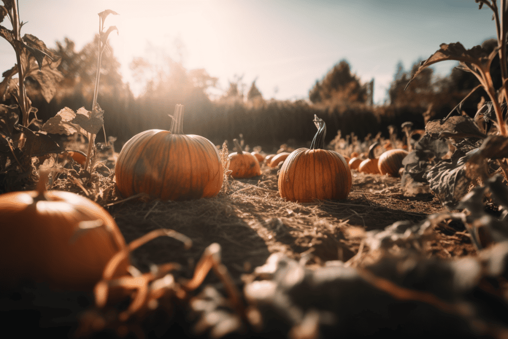 homestead business idea of growing a pumpkin patch image is of pumpkins on the grown with vines around and late afternoon sun behind them. 