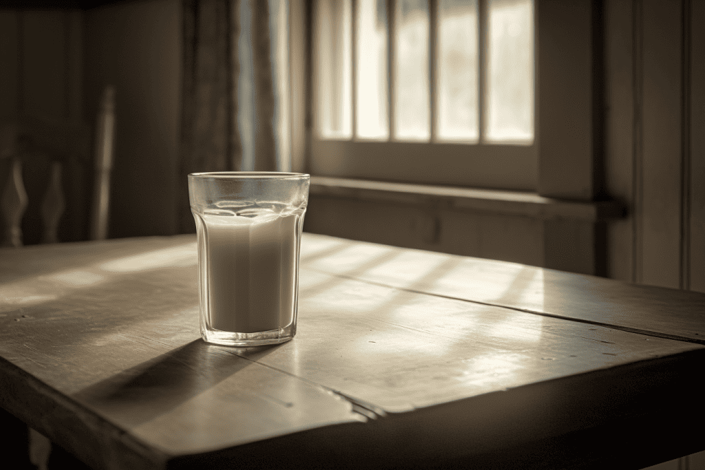 A clear glass of white milk is sitting on a rustic farmhouse table