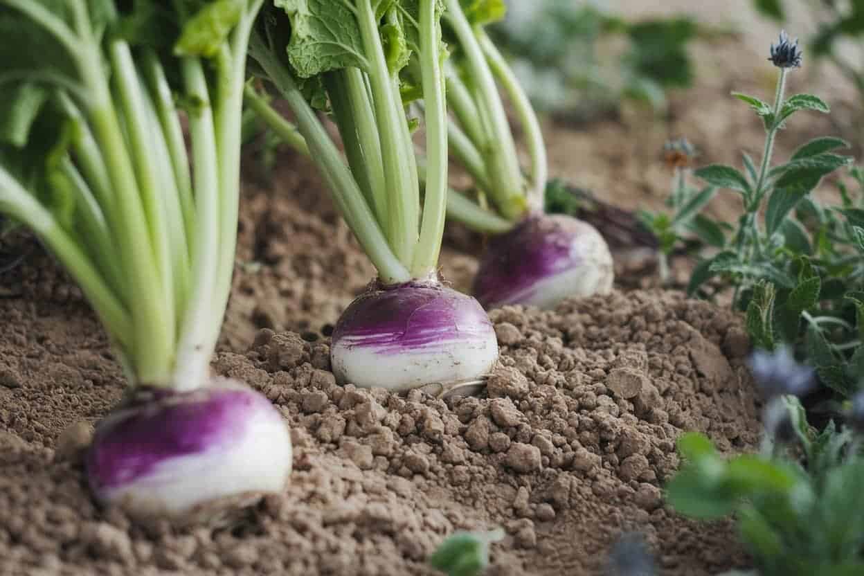 a close up of turnips and herbs growing together