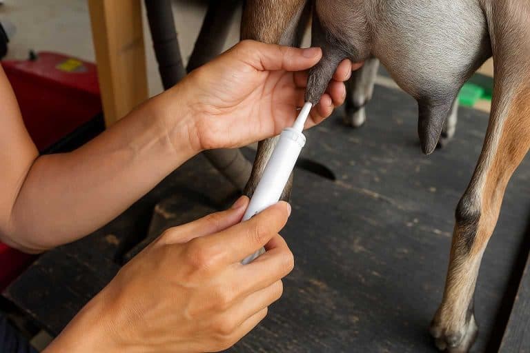 a person administering intramammary medication to treat mastitis