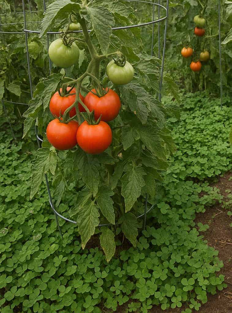 A tomato plant grows in a garden cage, with clusters of ripe and unripe tomatoes, surrounded by dense green clover—one of the best companion plants for tomatoes.
