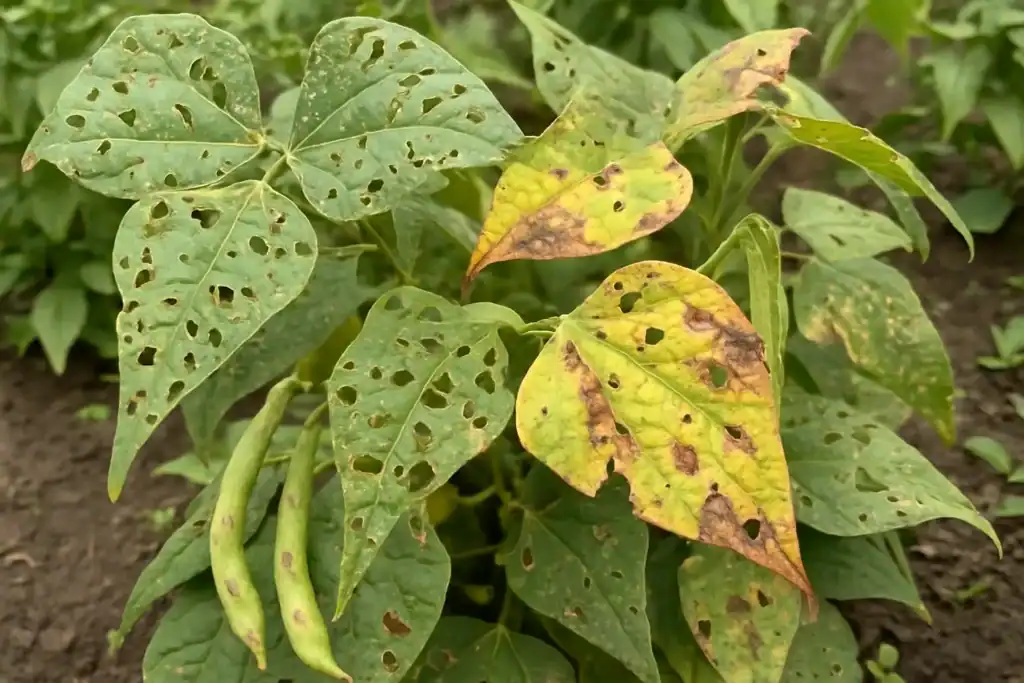Green bean plant leaves with brown spots, yellowing, and many small holes, showing signs of disease or pest damage. Some healthy green beans are visible among the affected leaves.