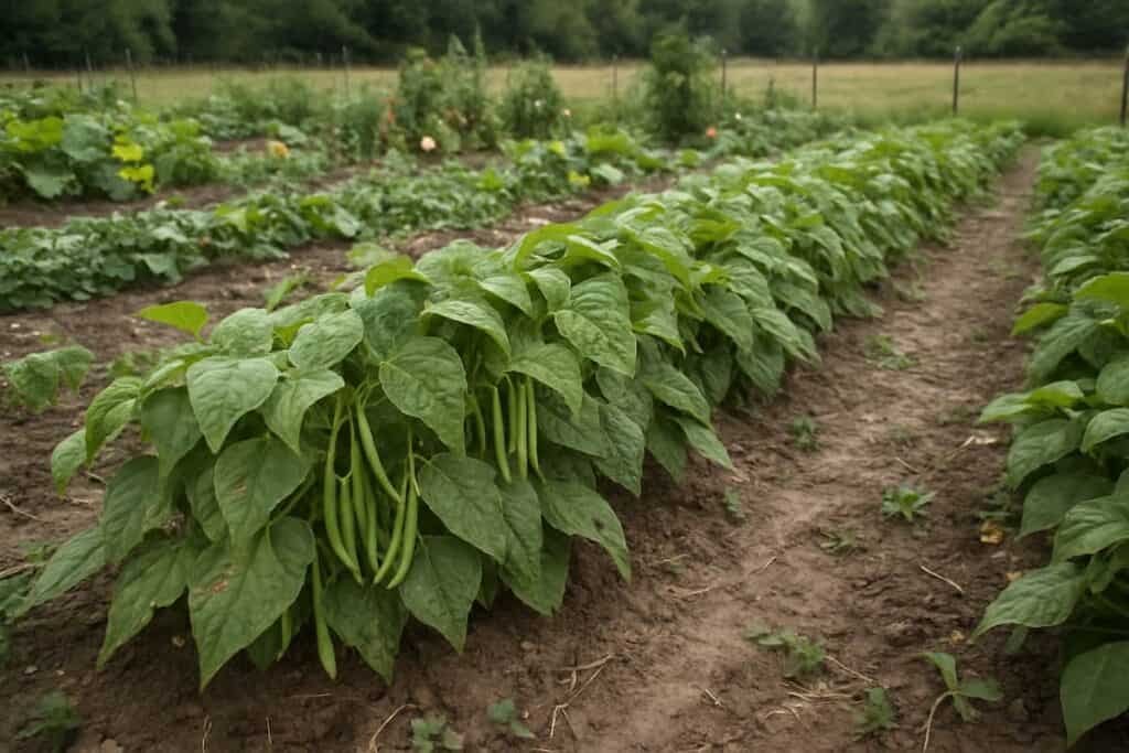 Rows of lush green bean plants growing in a vegetable garden, with visible green beans hanging from the plants and other crops in the background under a cloudy sky.