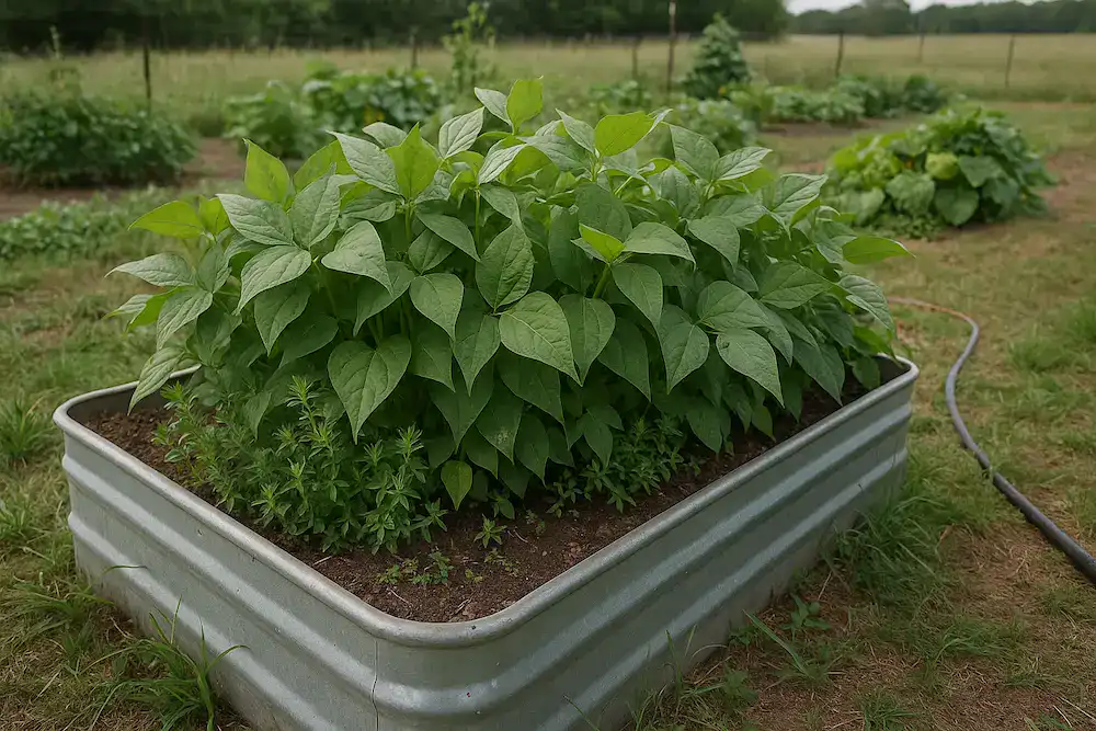 A raised metal garden bed filled with lush green plants sits in a grassy outdoor garden, surrounded by other garden beds and greenery in the background.