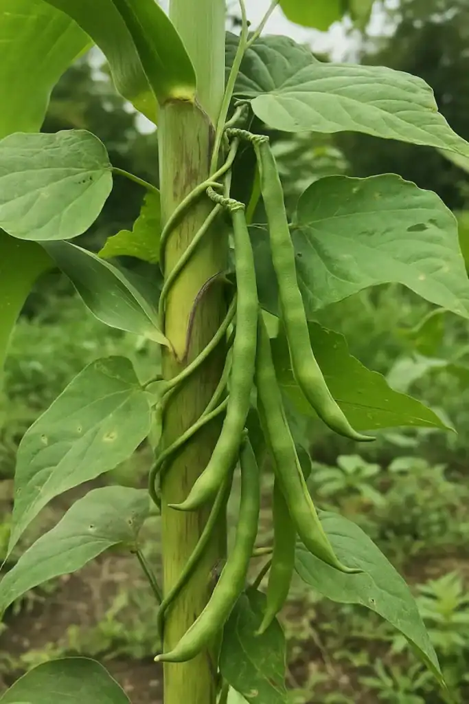 Green bean pods growing on a vine that is winding around the stem of another plant, surrounded by green leaves and vegetation.