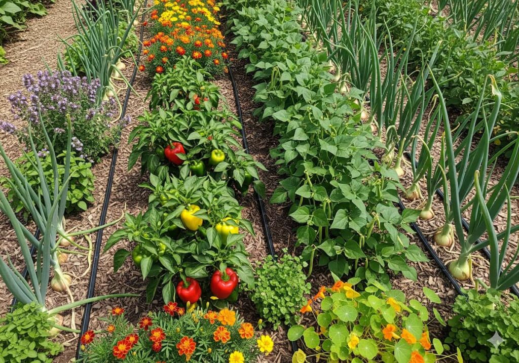 A vibrant vegetable garden with rows of companion plants for peppers with red and yellow peppers, green beans, marigolds, herbs, and other colorful flowers, all growing in well-tended soil with mulch paths.