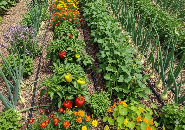 A vibrant vegetable garden with rows of companion plants for peppers with red and yellow peppers, green beans, marigolds, herbs, and other colorful flowers, all growing in well-tended soil with mulch paths.