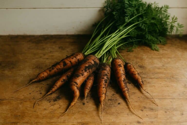 A bunch of freshly harvested carrots with dirt still on them, laid out on a wooden surface with green leafy tops attached—ideal for gardeners interested in discovering the best companion plants for carrots.
