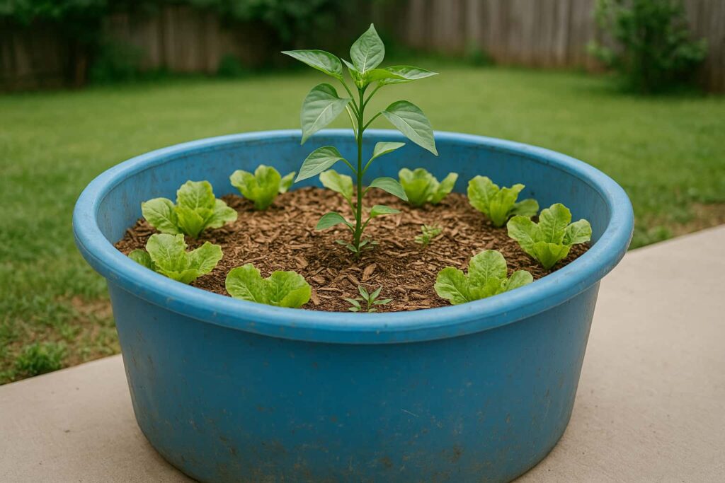A blue plastic container holds soil with a tall pepper plant in the center, surrounded by small leafy lettuce plants, placed on a patio with a grassy yard and wooden fence in the background.