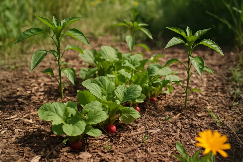 Young pepper plants and leafy radish plants with visible red radishes grow in a garden bed with brown mulch. A yellow flower blooms in the bottom right corner. Lush green grass is in the blurred background.