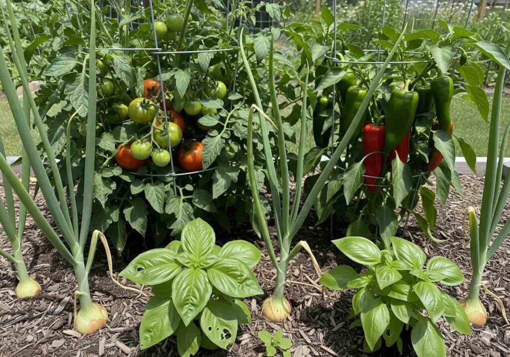 A garden bed with onion bulbs and basil plants in front, and tomato and bell pepper plants growing in cages behind, bearing both green and ripe red fruits.