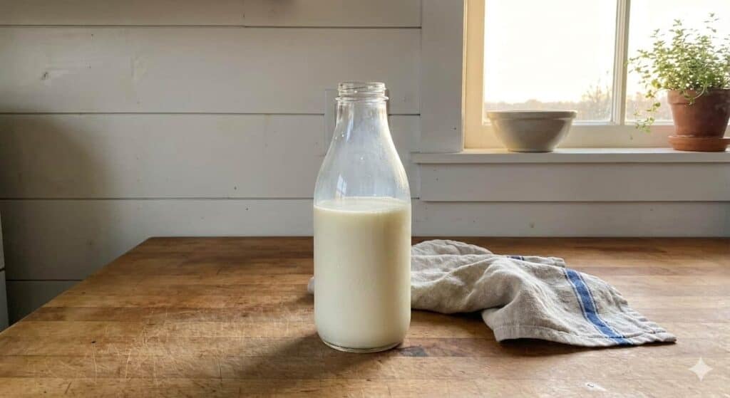 A glass bottle filled with milk sits on a wooden kitchen counter beside a folded dish towel, while sunlight filters through a window—a quiet moment to wonder why goats give less milk than cows—potted plant and ceramic bowl in the background.